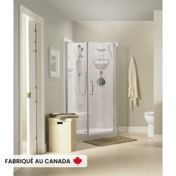 Douche Maya 3838 blanche Néo-Angle en coin en acrylique deux pièces avec drain central