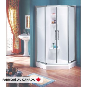 Douche Saturne 3838 blanc néo-angle en coin en acrylique une pièce avec drain central