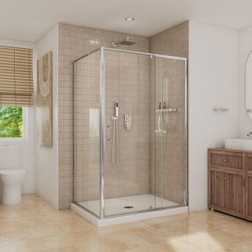 Porte de douche pivot Belaya 48 x 36 x 72 po, 6 mm pour installation en coin avec verre clair et fini chrome