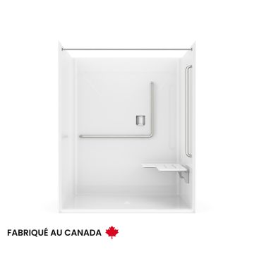 Douche Banff BFS-6036F blanche une pièce pour alcôve en AcrylX™ conforme à la norme NBC avec siège Phénolique rectangulaire à droite et drain central
