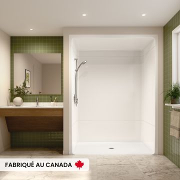 Douche Banff BFS-6036A blanche une pièce pour alcôve en acrylique avec drain central et seuil biseauté