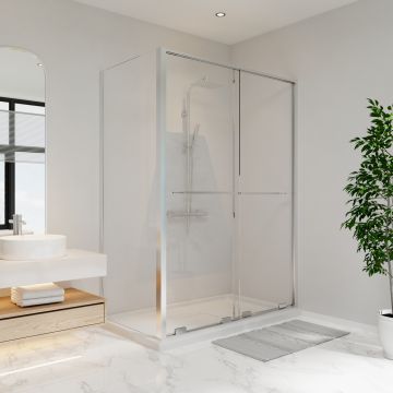 Porte de douche coulissante Solani 60 x 36 x 79 3/4 po, 8 mm pour installation en coin avec verre clair et fini chrome
