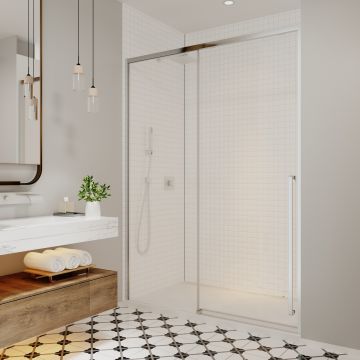 Porte de douche coulissante Kaveri 57 - 59 1/2 x 79 3/4 po, 8 mm pour installation en alcôve avec verre clair et fini chrome
