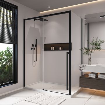 Porte de douche coulissante Kaveri 60 x 36 x 79 3/4 po, 8 mm pour installation en coin avec verre clair et fini noir mat