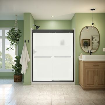 Douche Misca Porte de bidirectionnelle 55-59 x 71 po, 6 mm pour installation en alcôve avec verre givré et fini noir mat