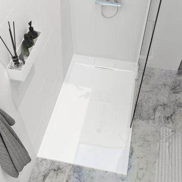 Base de douche Liss 60 x 32 po blanc lustré en coin mur à droite drain à droite en blanc lustré