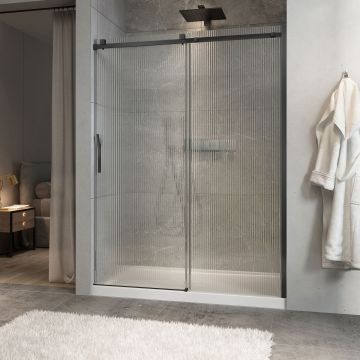 Porte de douche Minia 60 po en alcôve noir mat porte à gauche en noir mat et verre flûte