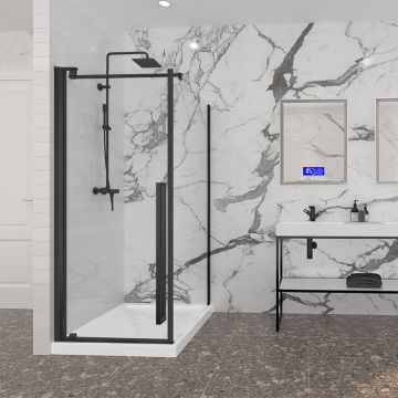 Porte de douche 32 po x Amaly 42 po en coin noir mat carré mur à gauche