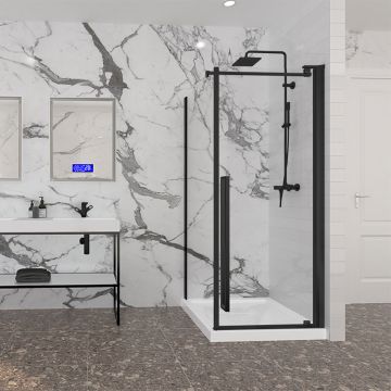 Porte de douche 32 po x Amaly 32 po en coin noir mat carré mur à droite