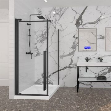Porte de douche 36 po x Amaly 42 po en coin noir mat carré mur à gauche