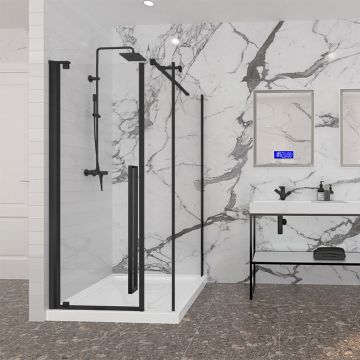 Porte de douche 42 po x Amaly 42 po en coin noir mat rectangulaire porte décentrée mur à gauche