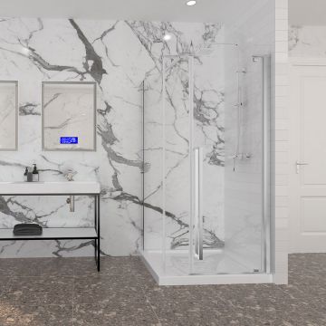 Porte de douche 42 po x Amaly 32 po en coin chrome rectangulaire porte décentrée mur à droite