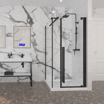 Porte de douche 42 po x Amaly 32 po en coin noir mat rectangulaire porte décentrée mur à droite