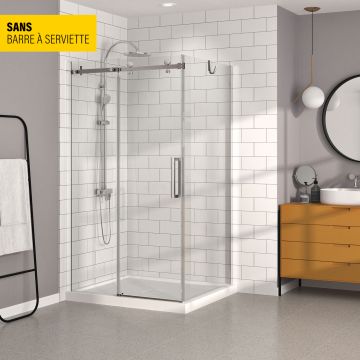 Porte de douche 48 po x Bellini 32 po en coin chrome fermeture sur retour mur à gauche porte à droite
