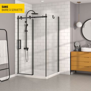 Porte de douche 48 po x Bellini 32 po en coin noir mat fermeture sur mur mur à gauche porte à gauche