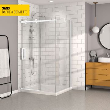 Porte de douche 48 po x Bellini 36 po en coin blanc mat fermeture sur mur mur à gauche porte à gauche