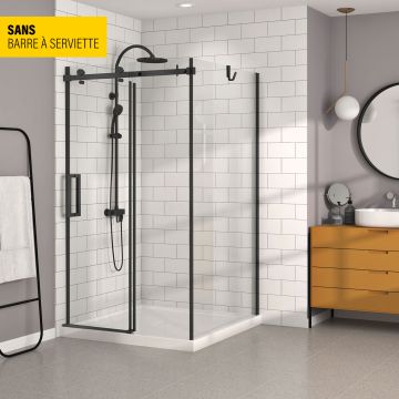 Porte de douche 48 po x Bellini 42 po en coin noir mat fermeture sur mur mur à gauche porte à gauche