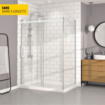 Porte de douche 60 po x Bellini 32 po en coin blanc mat fermeture sur mur mur à gauche porte à gauche
