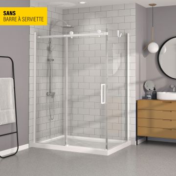 Porte de douche 60 po x Bellini 36 po en coin blanc mat fermeture sur retour mur à gauche porte à droite