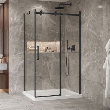 Porte de douche 48 po x Bellini 2.0 32 po en coin noir mat fermeture sur retour mur à droite porte à gauche