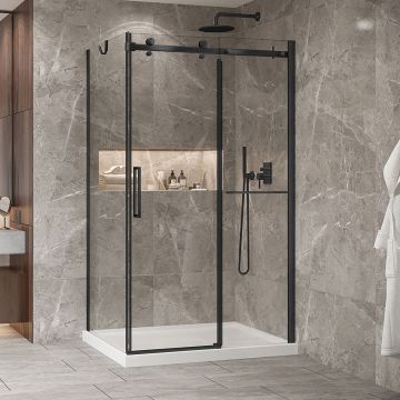Porte de douche 48 po x Bellini 2.0 36 po en coin noir mat fermeture sur retour mur à droite porte à gauche