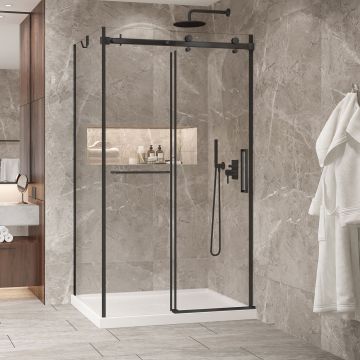 Porte de douche 48 po x Bellini 2.0 36 po en coin noir mat fermeture sur mur mur à droite