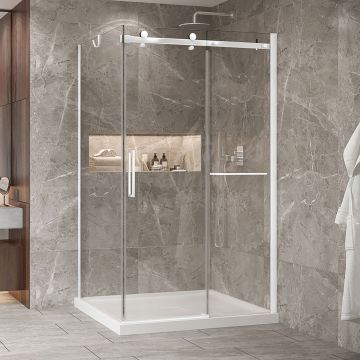 Porte de douche 48 po x Bellini 2.0 42 po en coin blanc mat fermeture sur retour mur à droite porte à gauche