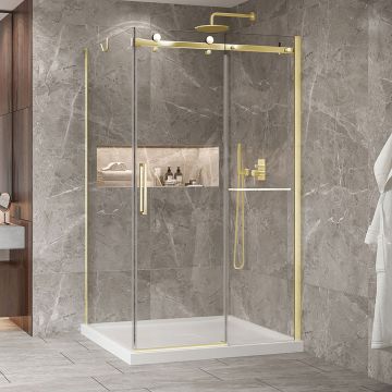 Porte de douche 48 po x Bellini 2.0 42 po en coin or brossé fermeture sur retour mur à droite porte à gauche en or brossé