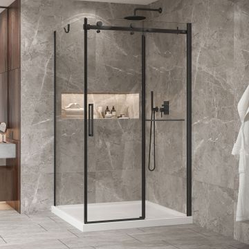 Porte de douche 48 po x Bellini 2.0 42 po en coin noir mat fermeture sur retour mur à droite porte à gauche