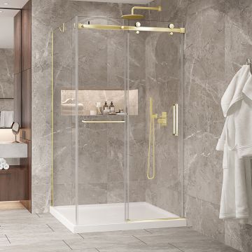 Porte de douche 48 po x Bellini 2.0 42 po en coin or brossé fermeture sur mur mur à droite en or brossé