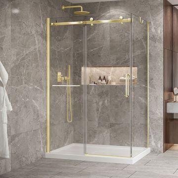 Porte de douche 54 po x Bellini 2.0 32 po en coin or brossé fermeture sur retour mur à gauche porte à droite en or brossé
