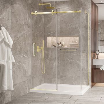 Porte de douche 54 po x Bellini 2.0 32 po en coin or brossé fermeture sur mur mur à gauche porte à gauche en or brossé