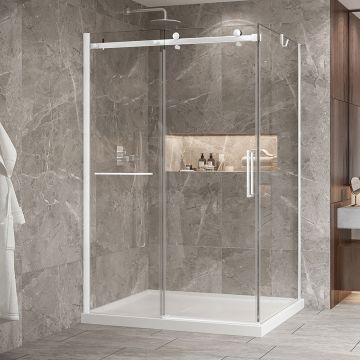 Porte de douche 54 po x Bellini 2.0 42 po en coin blanc mat fermeture sur retour mur à gauche porte à droite