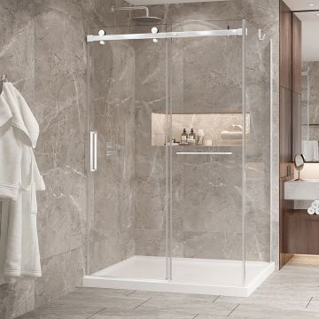 Porte de douche 54 po x Bellini 2.0 42 po en coin blanc mat fermeture sur mur mur à gauche porte à gauche