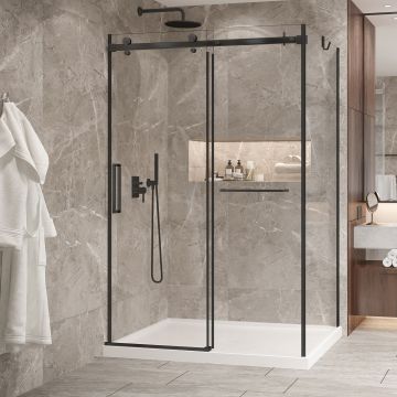 Porte de douche 54 po x Bellini 2.0 42 po en coin noir mat fermeture sur mur mur à gauche porte à gauche