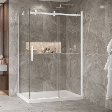 Porte de douche 54 po x Bellini 2.0 36 po en coin blanc mat fermeture sur retour mur à droite porte à gauche