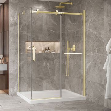Porte de douche 54 po x Bellini 2.0 42 po en coin or brossé fermeture sur retour mur à droite porte à gauche en or brossé