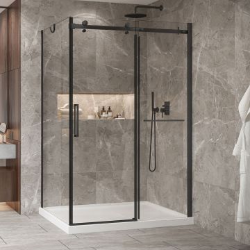 Porte de douche 54 po x Bellini 2.0 42 po en coin noir mat fermeture sur retour mur à droite porte à gauche