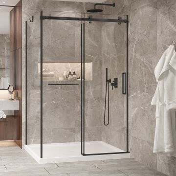 Porte de douche 54 po x Bellini 2.0 42 po en coin noir mat fermeture sur mur mur à droite