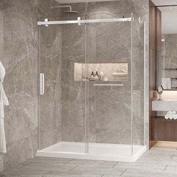 Porte de douche 60 po x Bellini 2.0 32 po en coin blanc mat fermeture sur mur mur à gauche porte à gauche