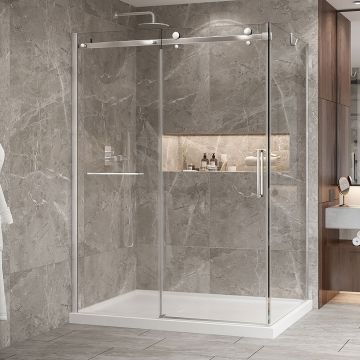 Porte de douche 60 po x Bellini 2.0 42 po en coin chrome fermeture sur retour mur à gauche porte à droite