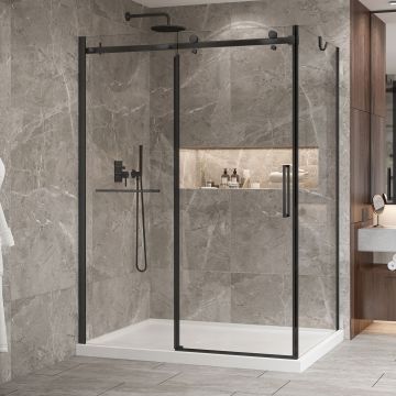 Porte de douche 60 po x Bellini 2.0 42 po en coin noir mat fermeture sur retour mur à gauche porte à droite
