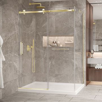 Porte de douche 60 po x Bellini 2.0 42 po en coin or brossé fermeture sur mur mur à gauche porte à gauche en or brossé