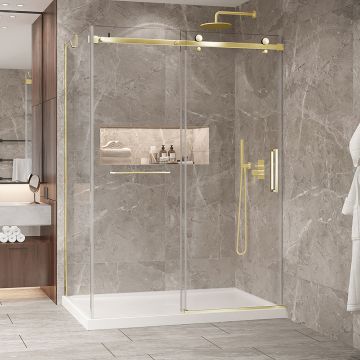 Porte de douche 60 po x Bellini 2.0 36 po en coin or brossé fermeture sur mur mur à droite en or brossé