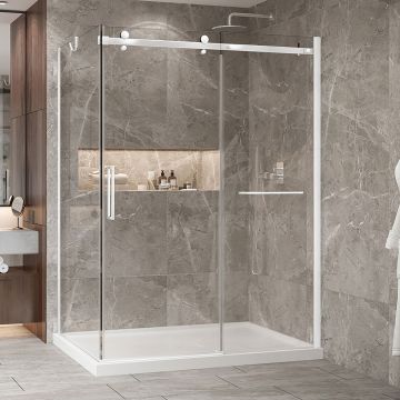 Porte de douche 60 po x Bellini 2.0 42 po en coin blanc mat fermeture sur retour mur à droite porte à gauche
