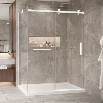 Porte de douche 60 po x Bellini 2.0 42 po en coin blanc mat fermeture sur mur mur à droite
