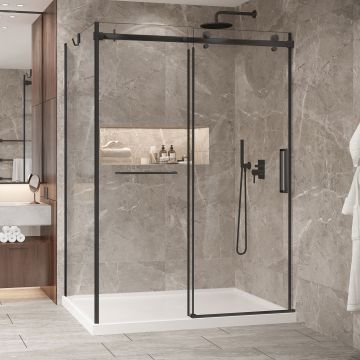 Porte de douche 60 po x Bellini 2.0 42 po en coin noir mat fermeture sur mur mur à droite