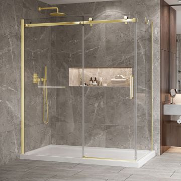 Porte de douche 72 po x Bellini 2.0 32 po en coin or brossé fermeture sur retour mur à gauche porte à droite en or brossé