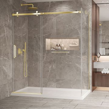 Porte de douche 72 po x Bellini 2.0 32 po en coin or brossé fermeture sur mur mur à gauche porte à gauche en or brossé
