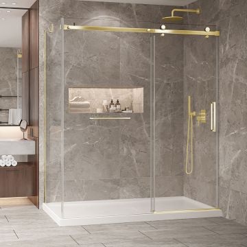 Porte de douche 72 po x Bellini 2.0 36 po en coin or brossé fermeture sur mur mur à droite en or brossé